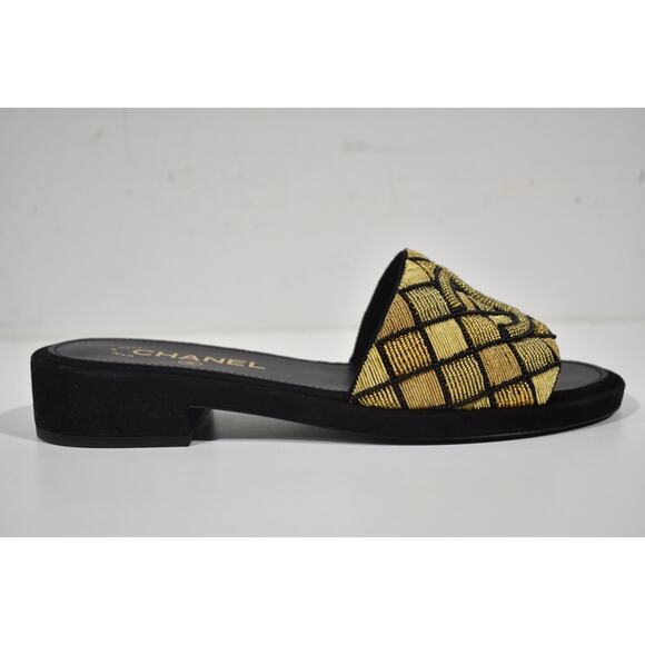 Chanel 21A Gold Black Pearl Embroidery Beaded CC Logo Slide Sandal Mule Flat 36 - Picture 2 of 12
